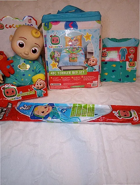 Cocomelon Lot Toddler Bed Comforter And Sheet Set, JJ Doll With Sound, PJs, Kite