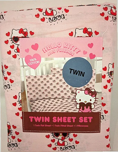 Jay Franco Hello Kitty & Friends Twin Sheet Set Love Hearts Pattern Multicolor