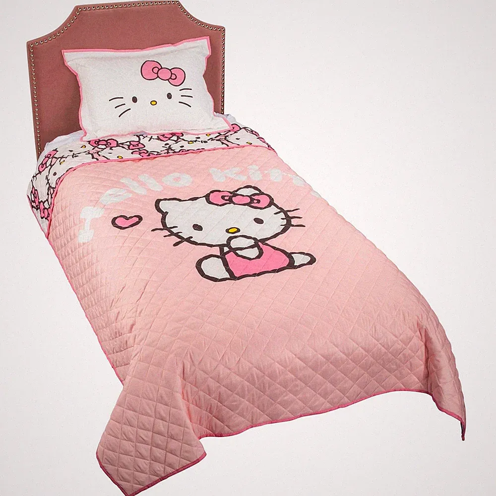 Jay Franco Hello Kitty Pink Stripes & Hearts Twin Quilt & Sham Set