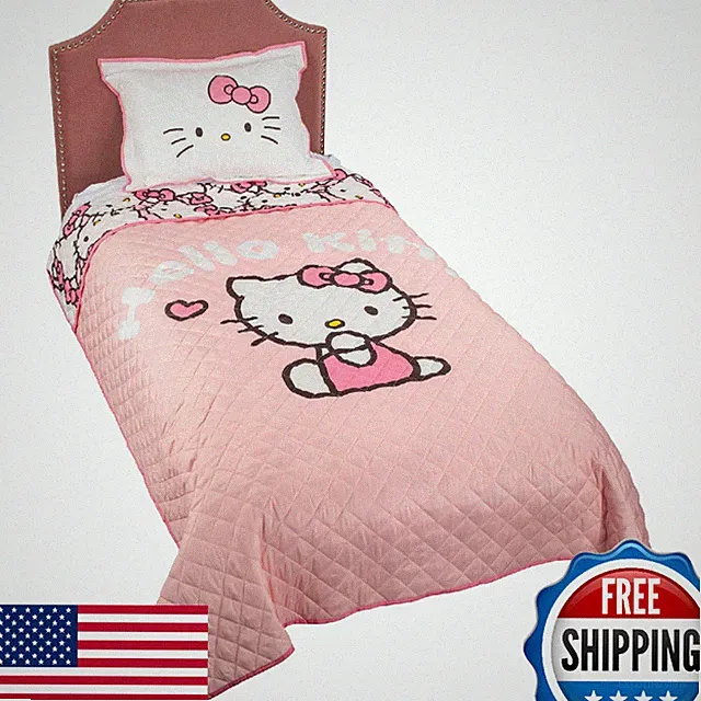 Jay Franco Hello Kitty Pink Stripes & Hearts Twin Size Quilt & Sham Set - Super