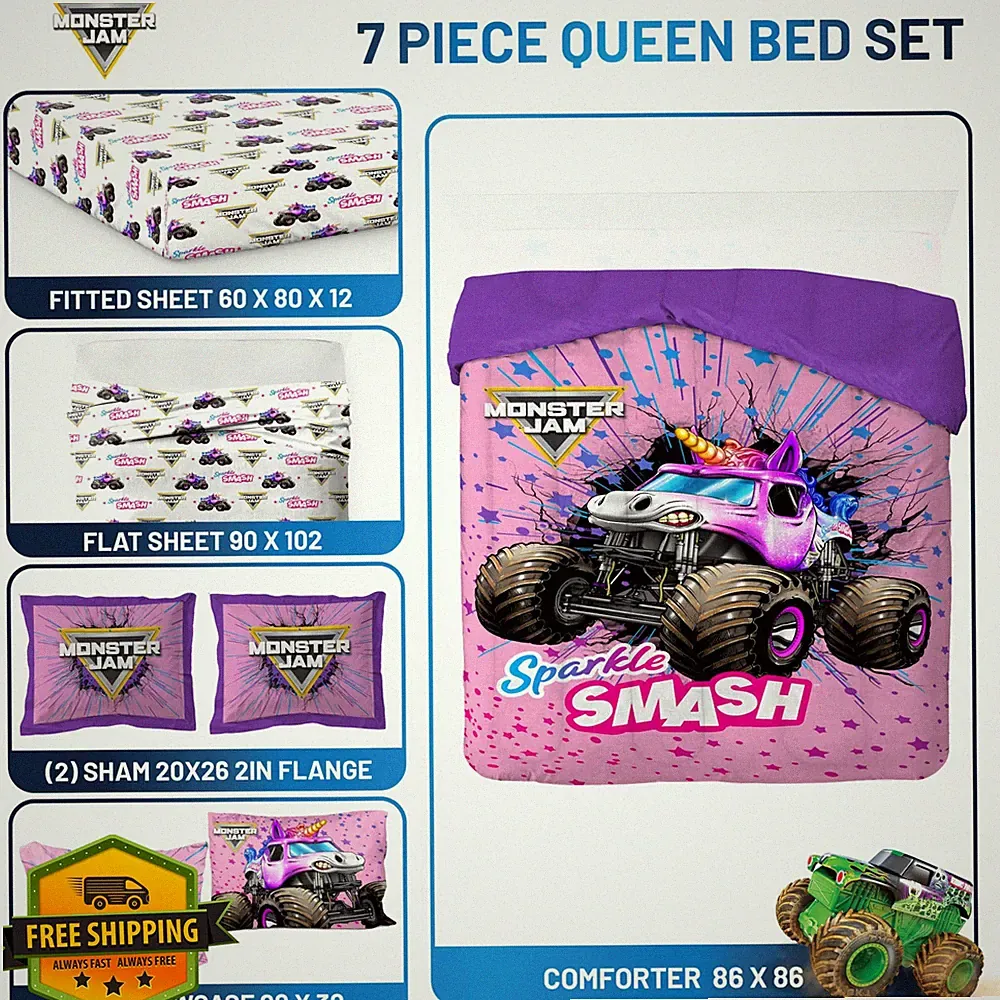 Jay Franco Monster Jam Queen Comforter Set 7pc Pink Kids Bedding