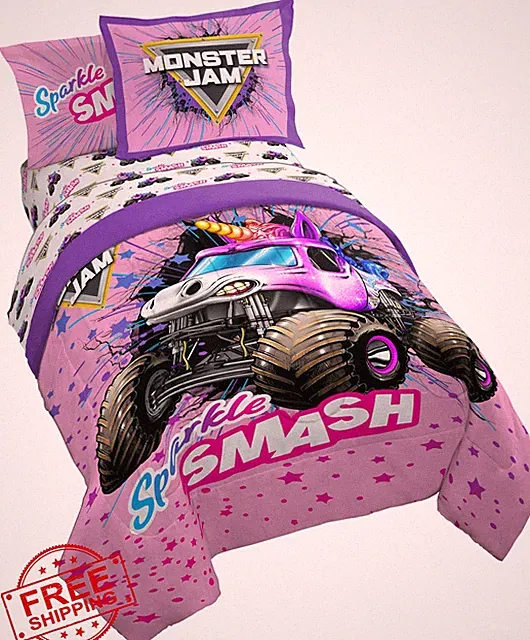 Jay Franco Monster Jam Twin Comforter Set 5pc Pink Kids Bedding Sheets