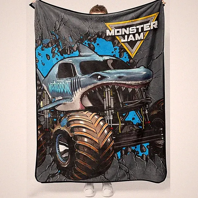 Monster Truck Shark Design Flannel Blanket Kids Cozy Gift Throw