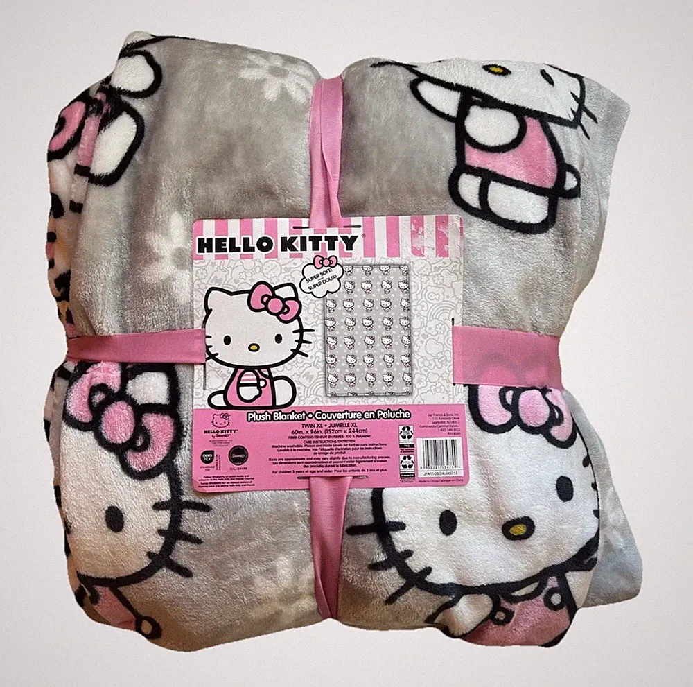 New Hello Kitty XL Twin Grey Daisy Super Soft Blanket 60”x96” Plush Jay Franco
